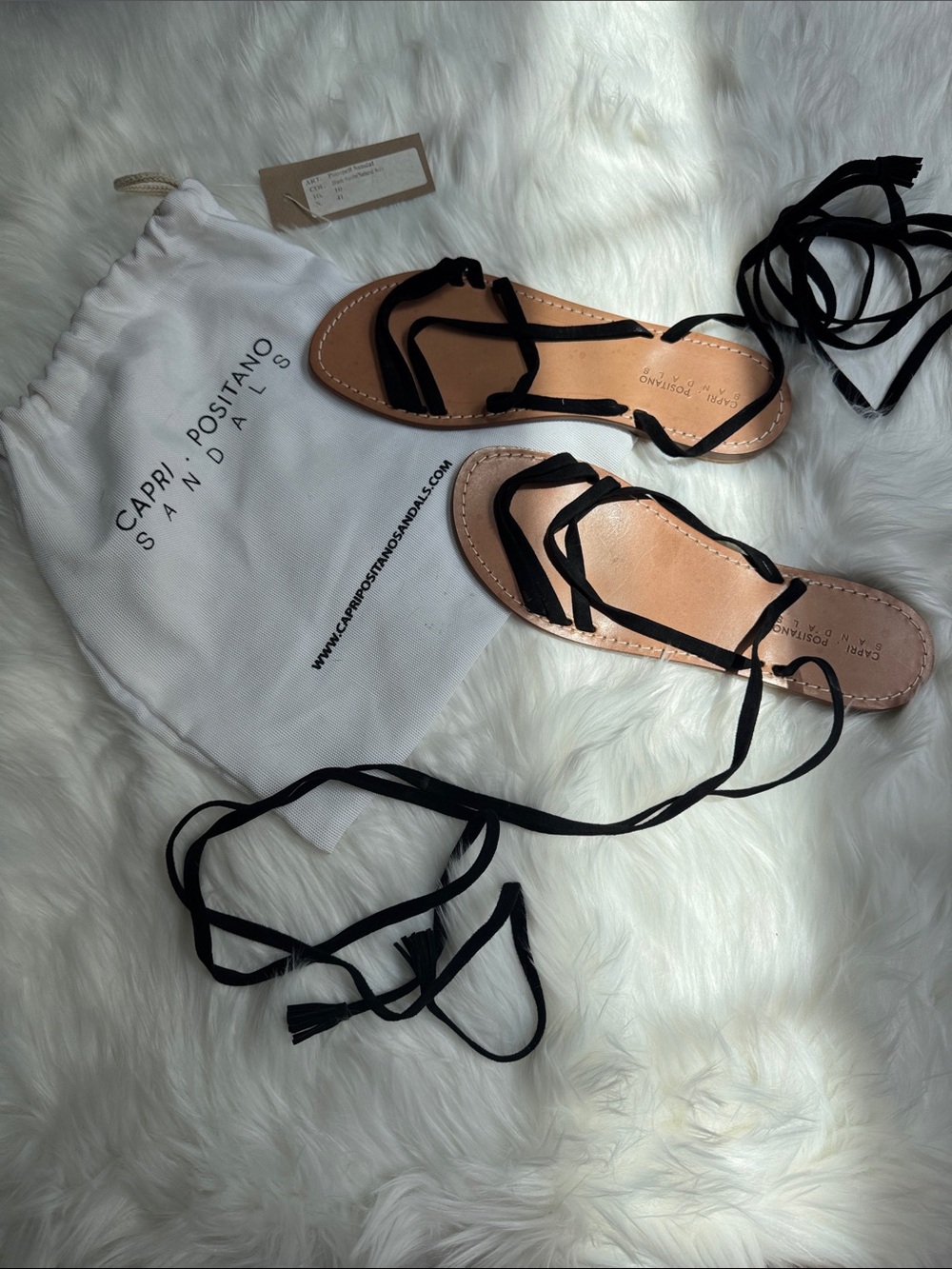 Capri Positano Italian Hand Made Black Suede & Leather Lace-Up Sandals